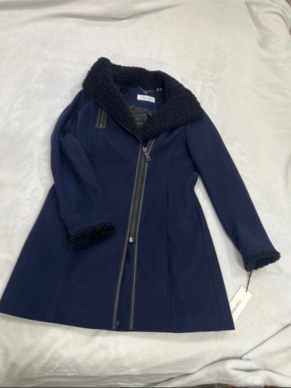 Calvin Klein Navy Coat with Black Shearling Trim